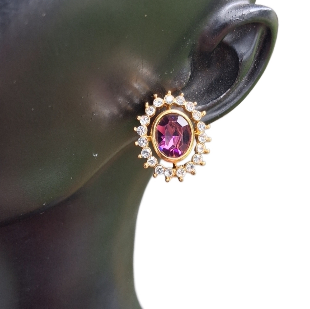 TRIFARI 1990s GOLDTONE, AMETHYST GLASS & WHITE RHINESTONE EARRINGS